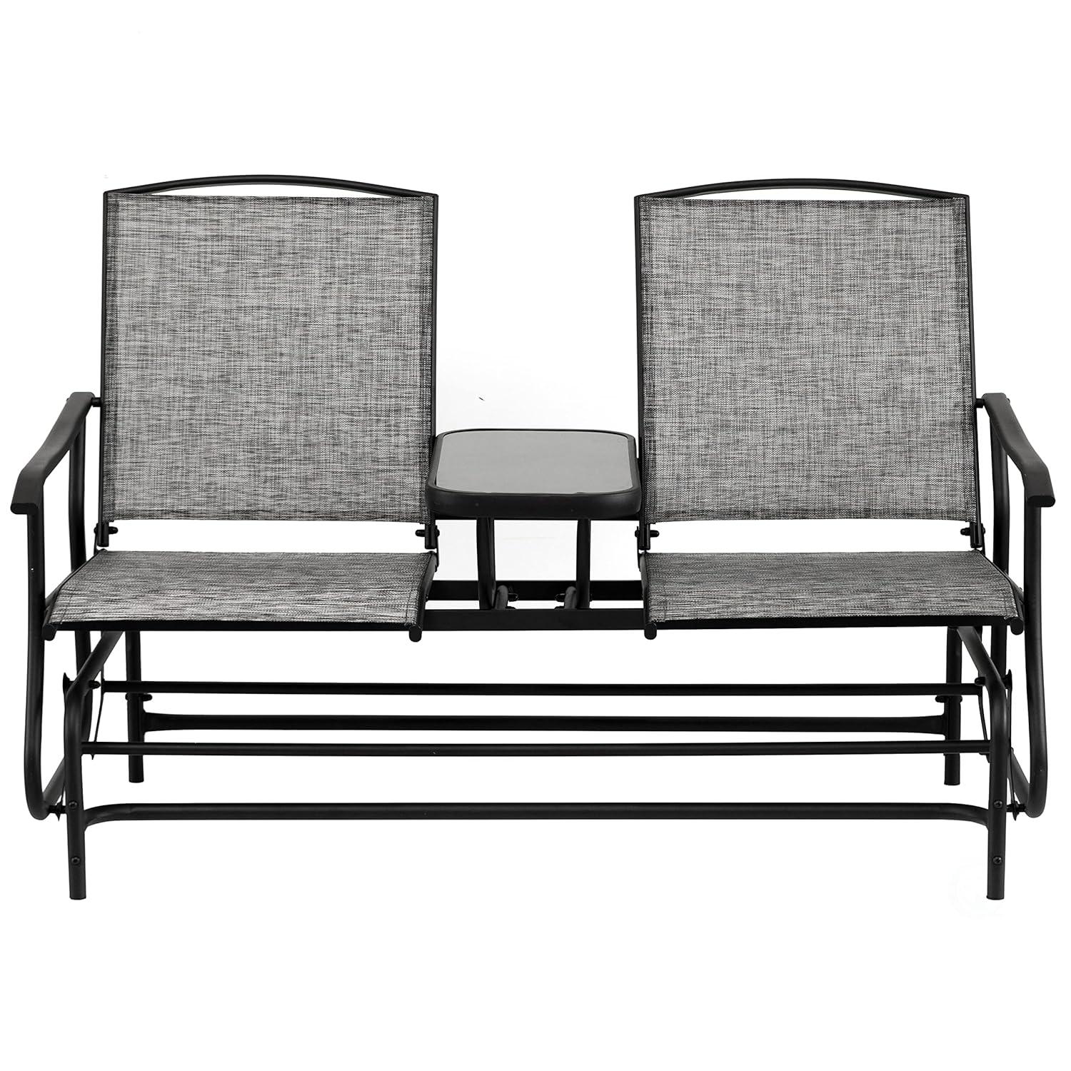Gardenised Two Person Outdoor Double Swing Glider Chair Set with Center Tempered Glass Table, Loveseat Lawn Rocker Bench