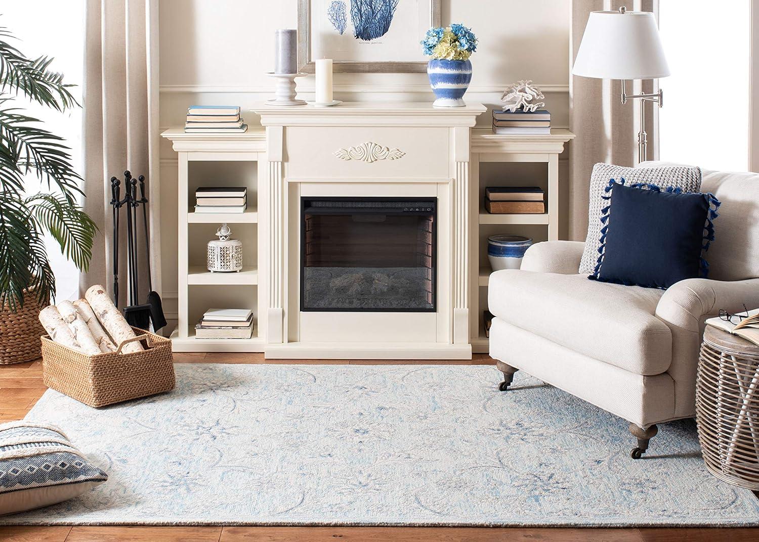 SAFAVIEH Micro-Loop Carl Floral Overdyed Wool Area Rug, Light Blue/Ivory, 5' x 8'