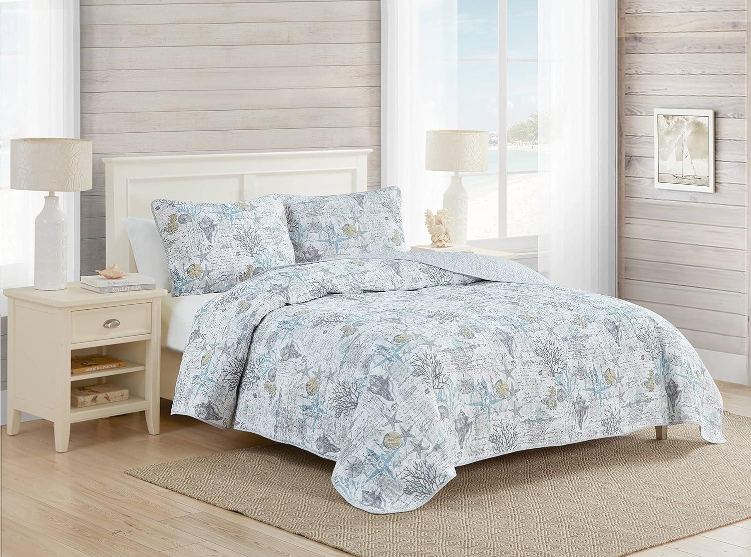 Coastal Breeze Gray King Cotton Quilt Set with Reversible Design