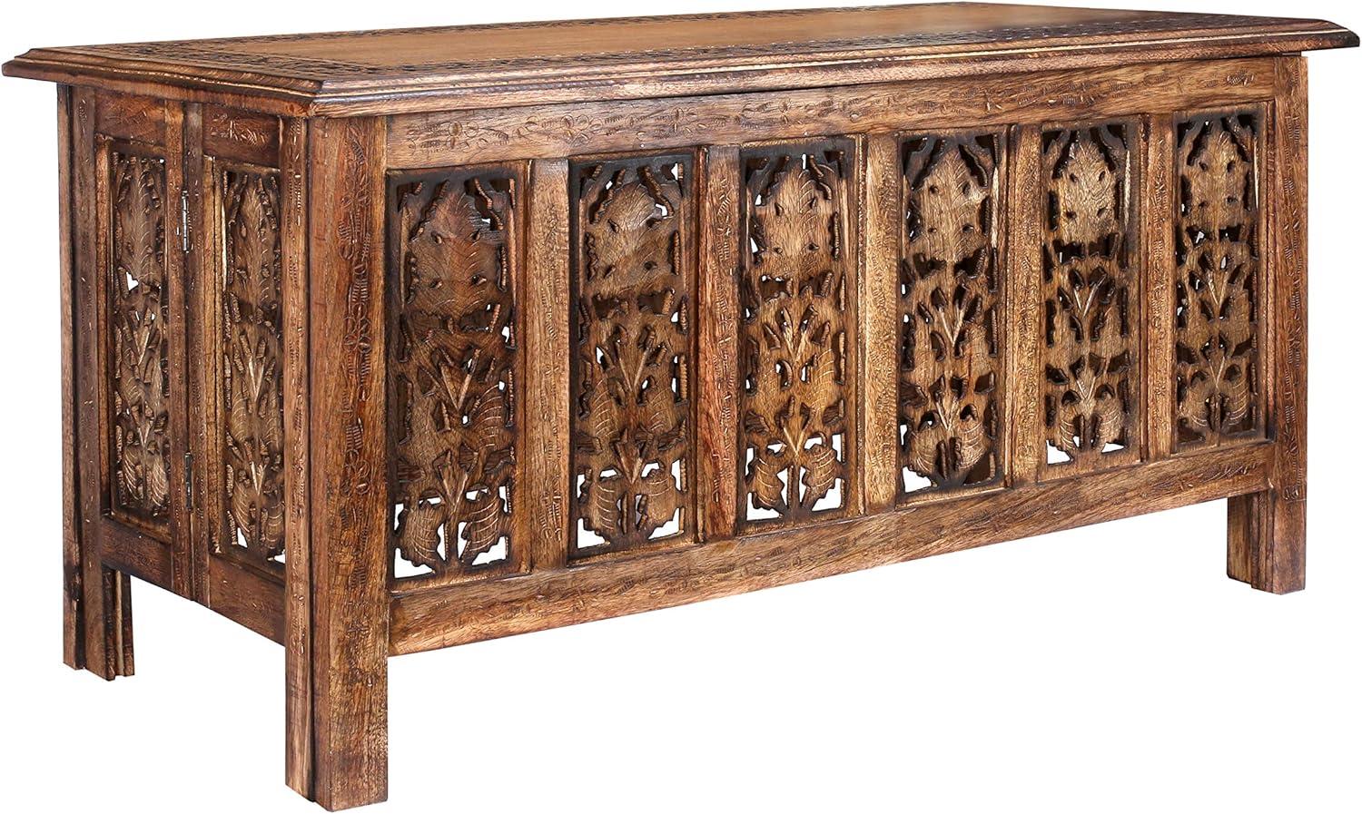 Burnt Mango Wood Rectangular Coffee Table with Carved Panels