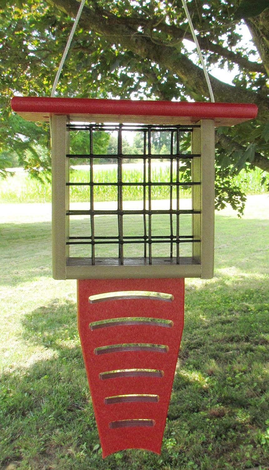 JCs Wildlife Red/Tan Recycled Poly Lumber Single Suet Feeder Tail Prop Bird Feeder - Holds 1 Suet Cake - Long Lasting Suet Cage Feeder