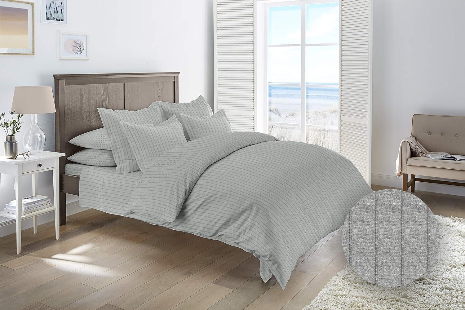 Dormisette  Luxury German Flannel 6-ounce Hemstitch Bed Sheet Set heather light grey stripe Queen Flannel, Cotton Striped Farmhouse, Modern &