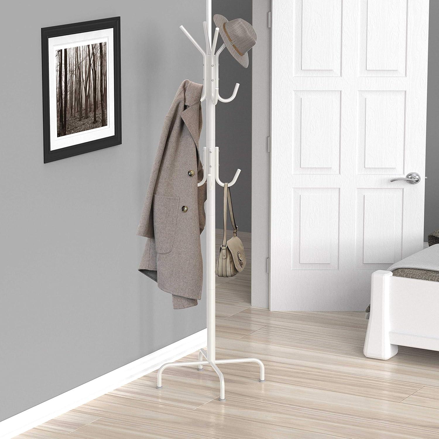 White Metal Standing Coat and Hat Rack with 12 Hooks