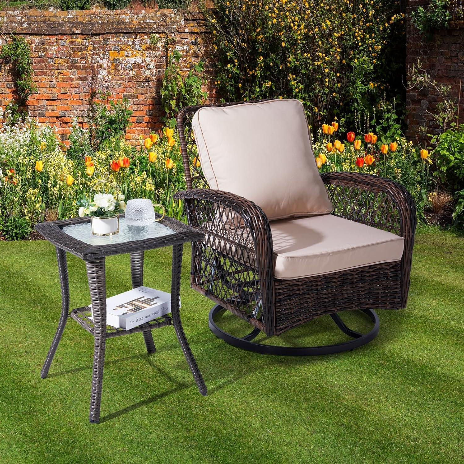 Gray Wicker Outdoor End Table with Glass Top and Storage Shelf