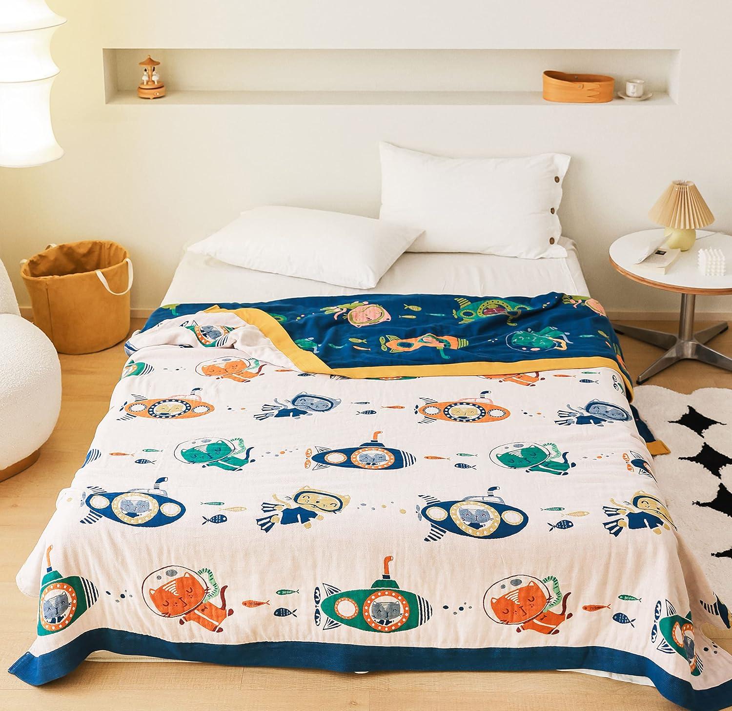 Scientific Sleep Underwater Scuba Cat Kitty Diver Submarine Fish Sea 100% Cotton Muslin Blanket Throw Cover for Bed Couch Sofa Cozy Soft Reversible Bedding Bedspread Coverlet Twin 60 in x 80 in