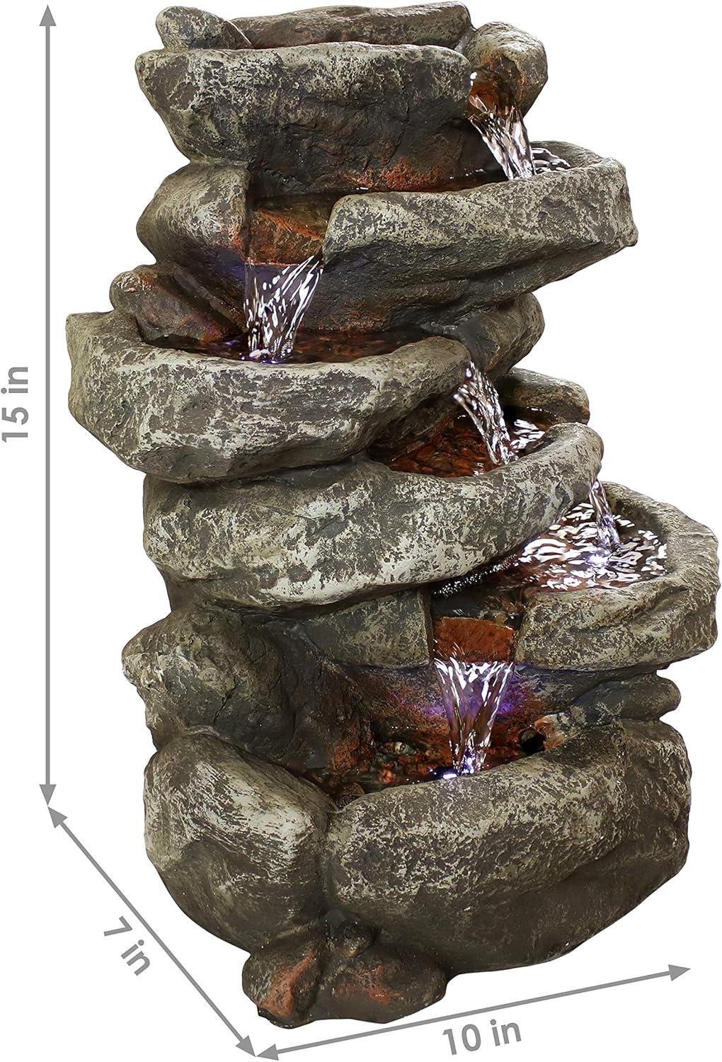 Sunnydaze Indoor Home Office Relaxing 6-Tiered Stone Falls Tabletop Water Fountain with LED Lights - 15"