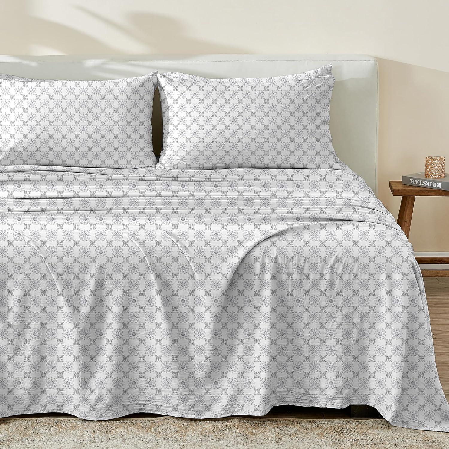 Full Gray Floral Cotton Percale Sheet Set