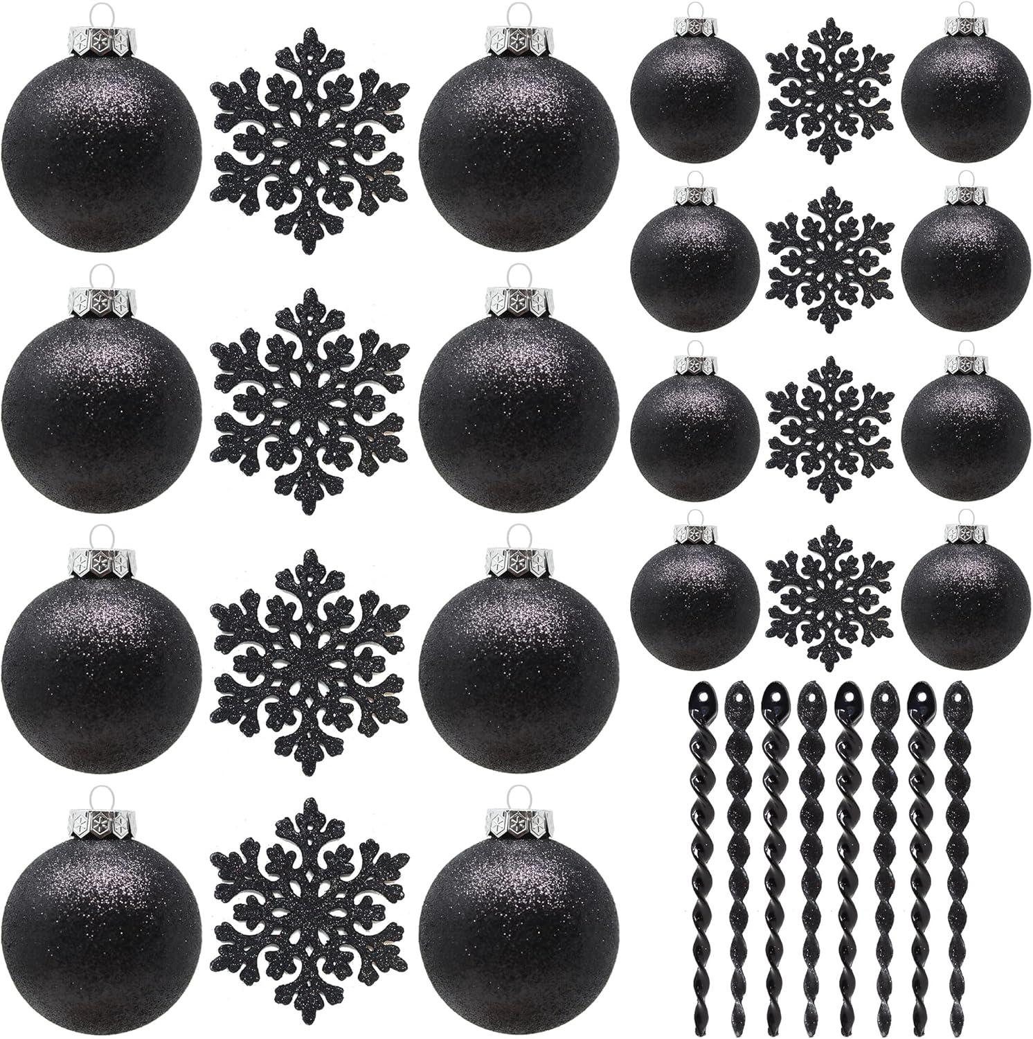 SLEETLY Big Black Ornaments for Farmhouse Christmas Tree Holiday Xmas Decorations for Christmas - Large Shatterproof Plastic 4.72 inch Glitter Snow Balls and Snowflakes, Ornament Set of 8