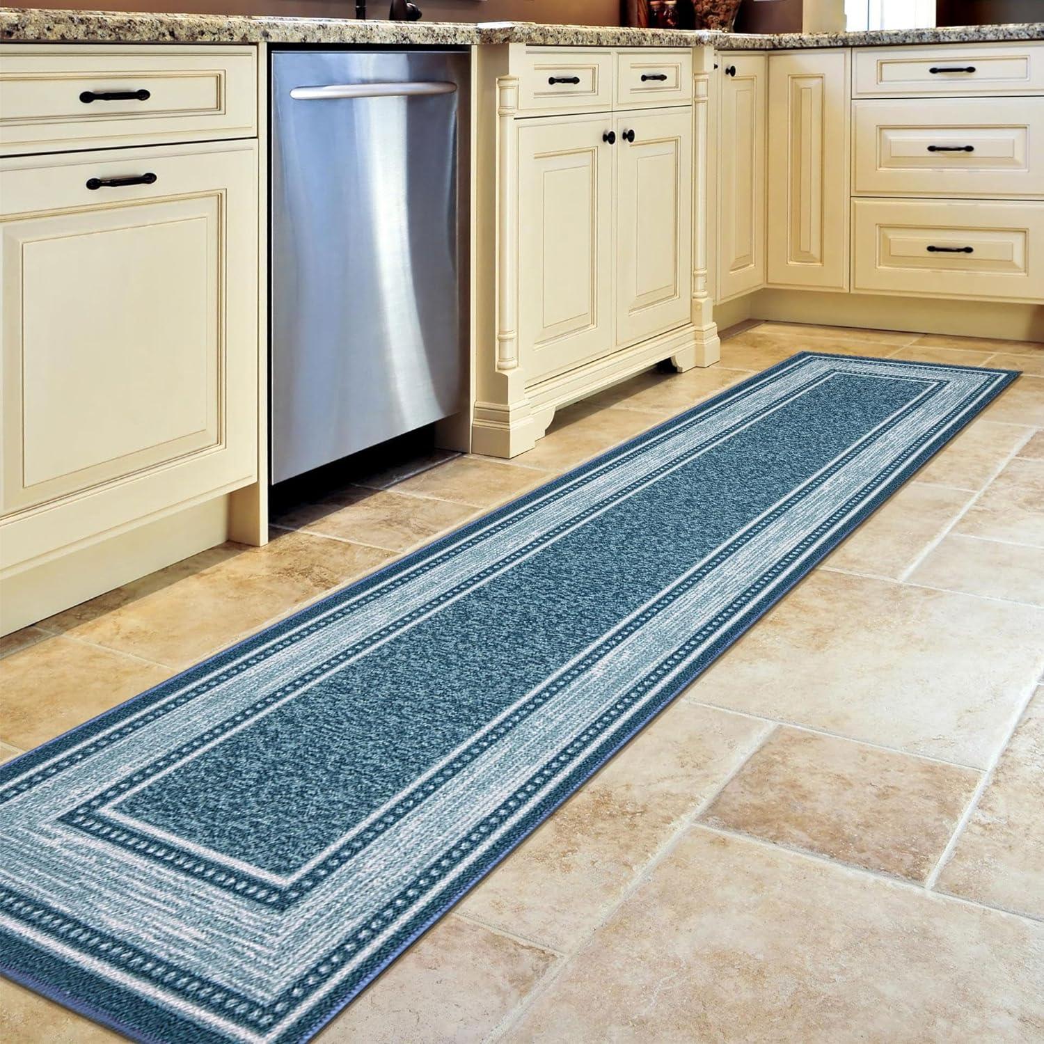 Blue Synthetic Non-Slip Washable Hallway Runner Rug