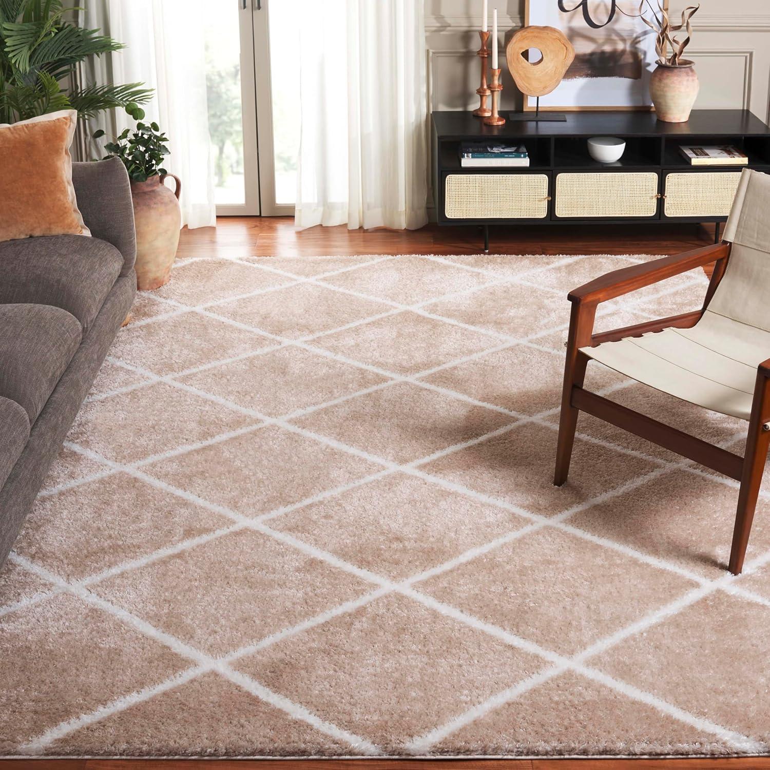 Beige and White Trellis Shag Area Rug, 9' x 12'