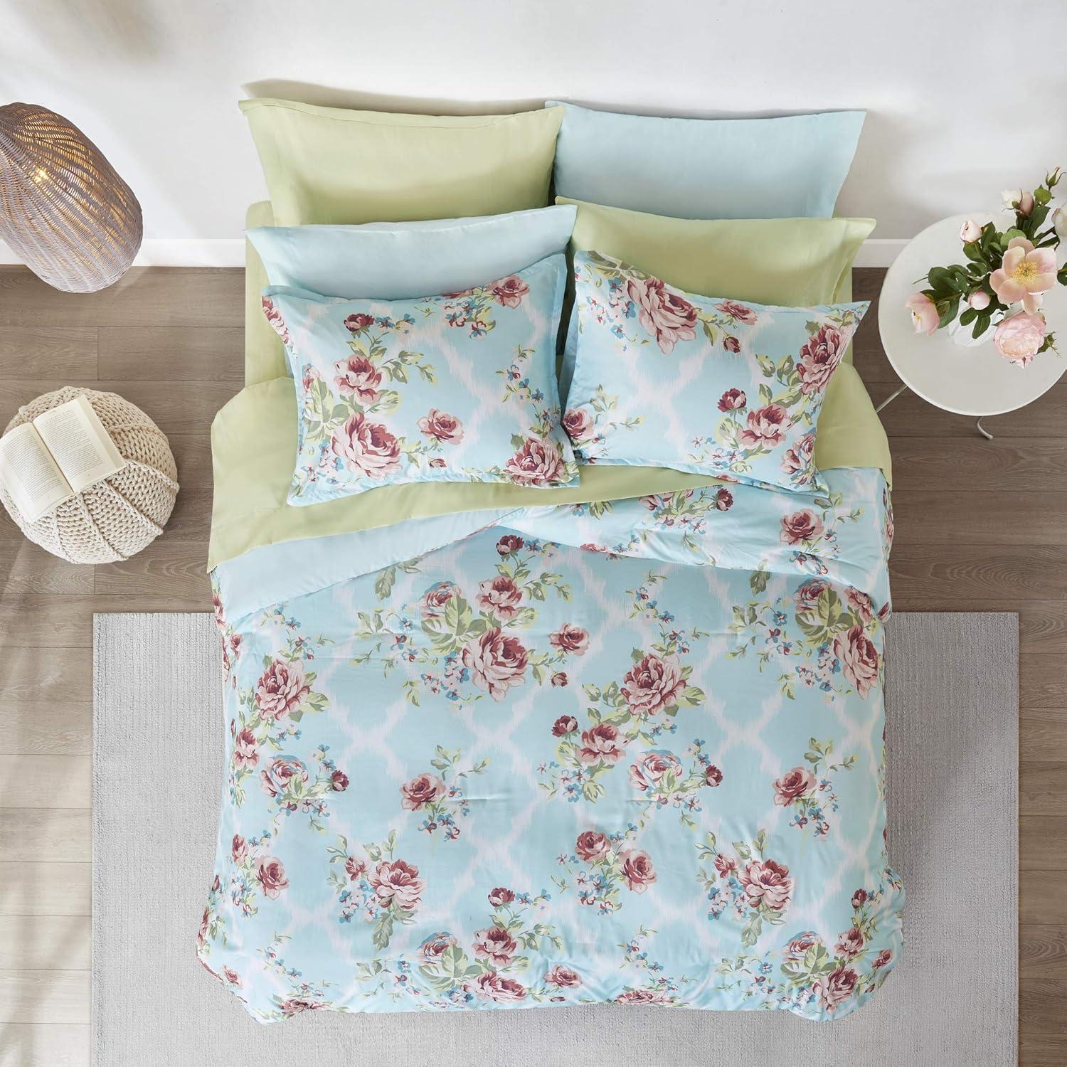 Comfort Spaces 9-Piece Floral Queen Size Bed in a Bag Comforter Bedding Sets with Sheets and Side Pockets , Blue/Red