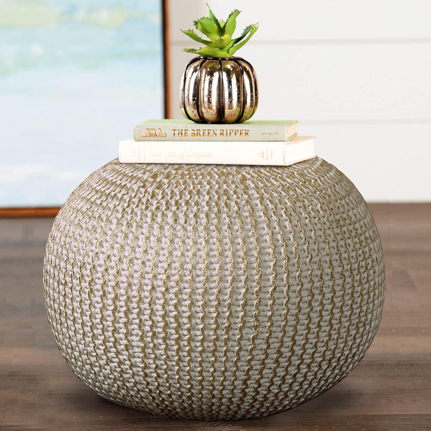 Ox Bay Caitlin Round Solid Print Hand Knitted Cotton Indoor Pouf, White