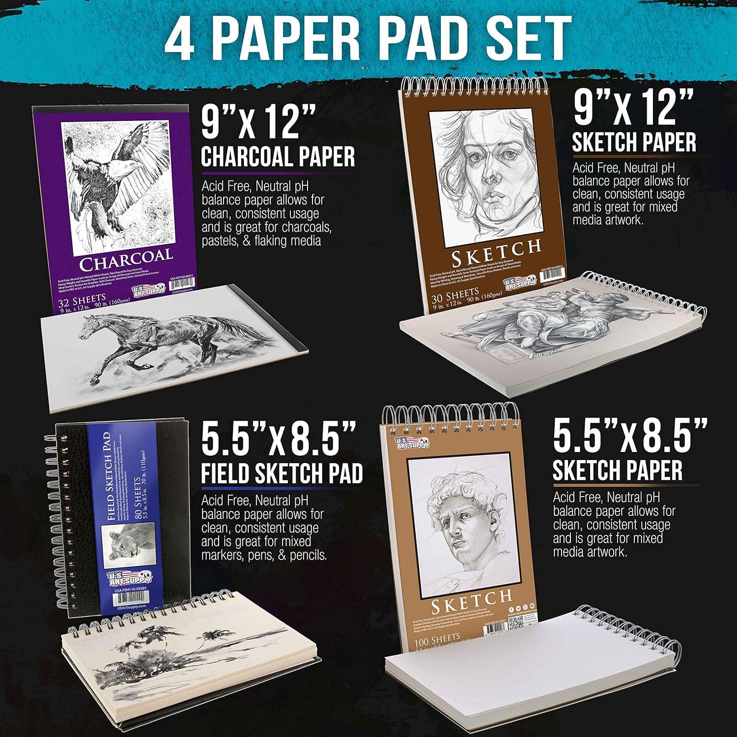 U.S. Art Supply Set of 4 Different Styles of Sketching and Drawing Paper Pads (242 Sheets Total) - 2 Each 5.5" x 8.5" and 9" x 12" Premium Spiral Bound Sketch, Draw, Charcoal Pencil, Mixed Media Pads