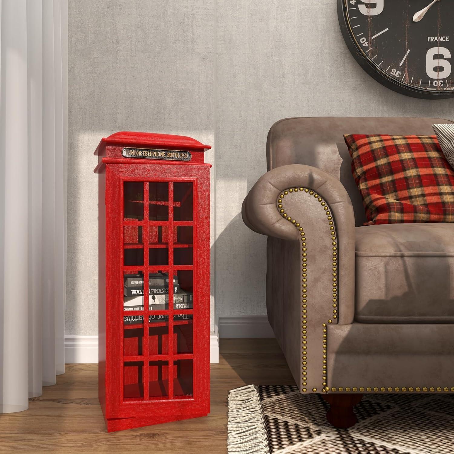 DecMode 11" x 30" Red Wooden London Telephone Booth 2 Shelf Storage Unit, 1-Piece