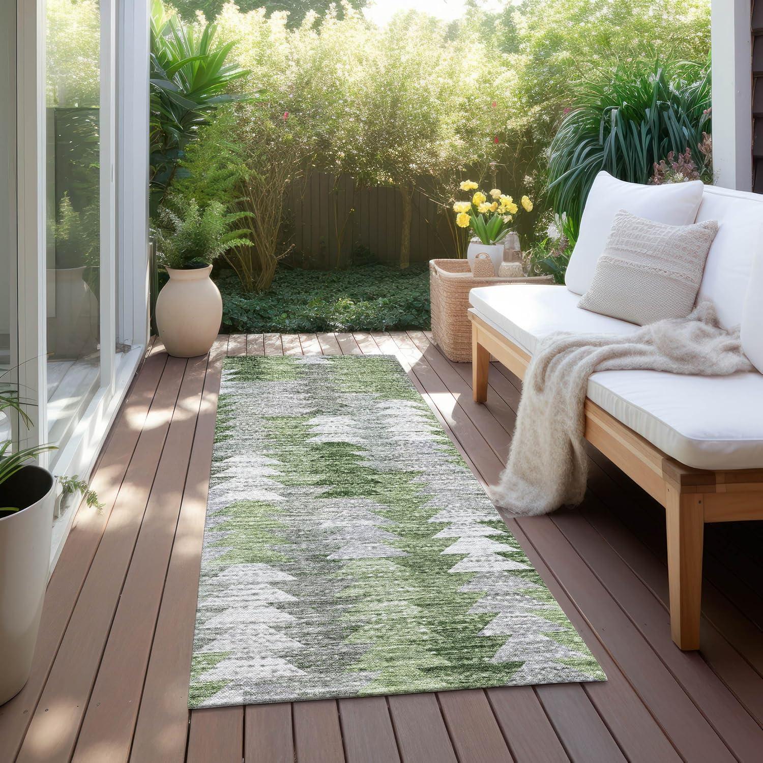 Green and Gray Synthetic Flat Woven Runner Rug