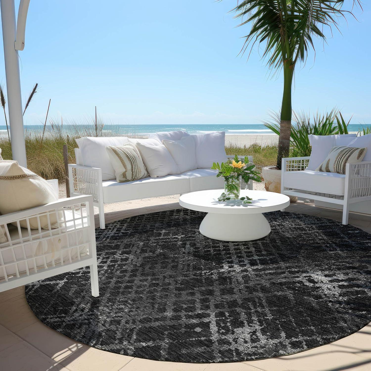 Charcoal Round 8' Synthetic Flat Woven Indoor/Outdoor Rug