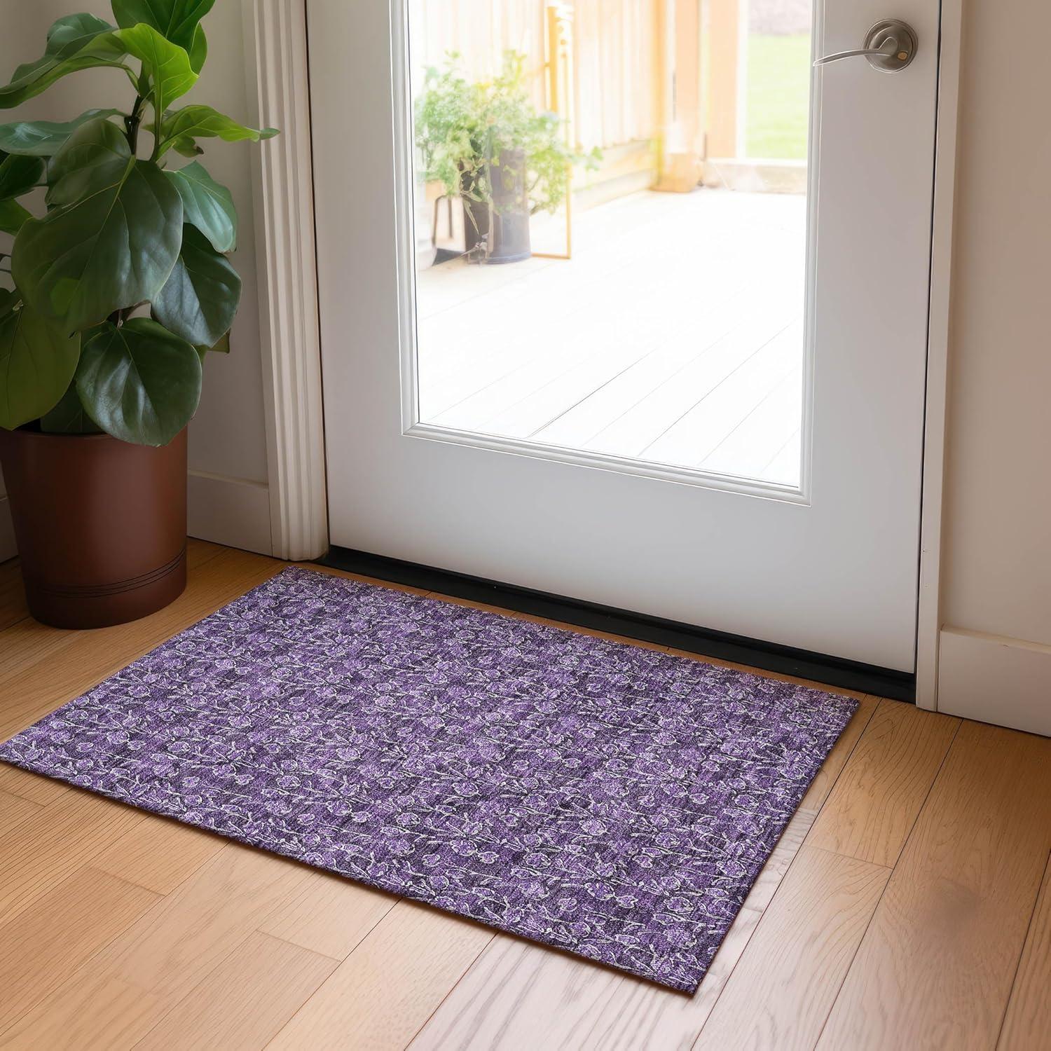 Purple Floral Synthetic Flat Woven Rectangular Rug