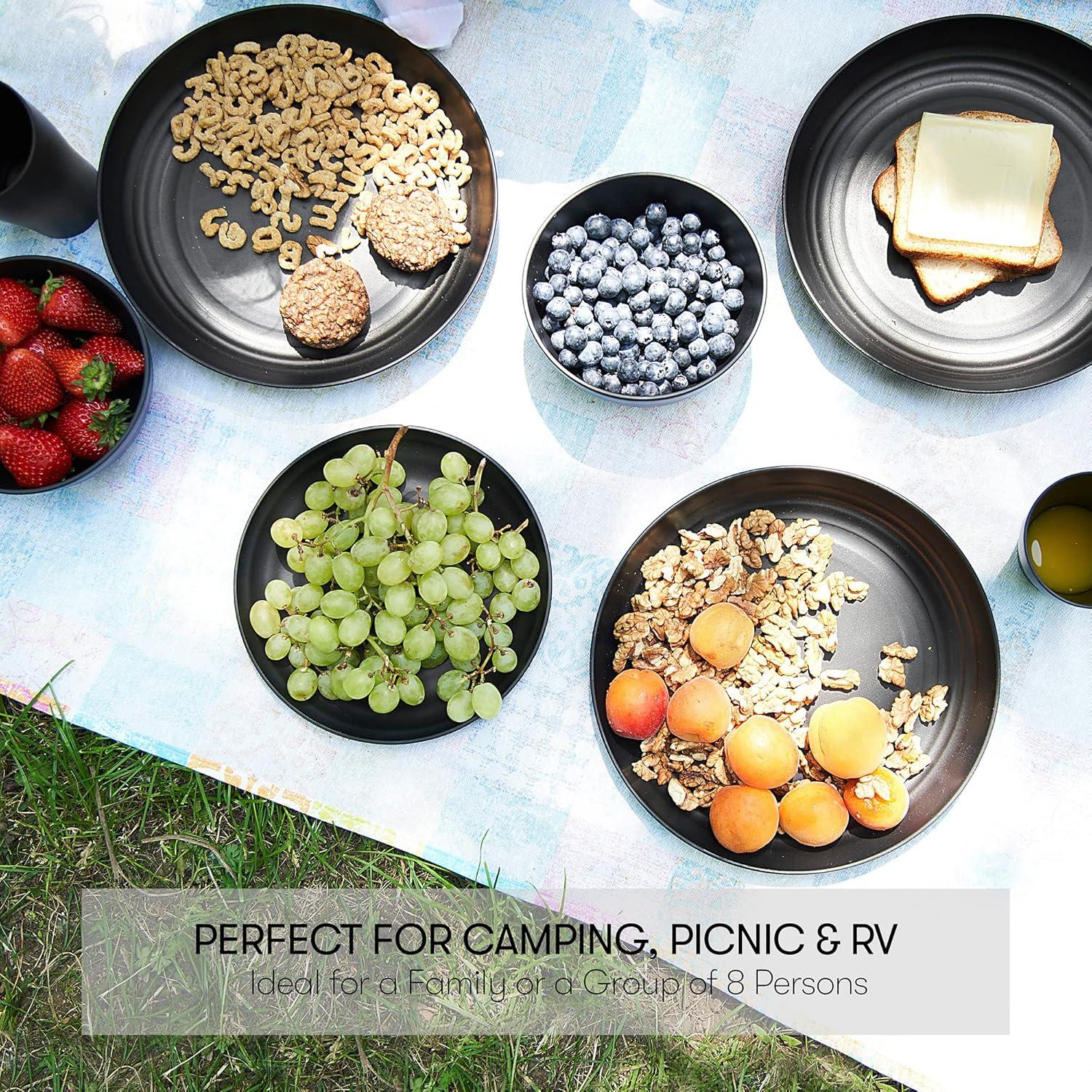 32 Pcs Wheat Straw Dinnerware Sets,Plastic Plates and Bowls Sets for 8,Unbreakable Dinnerware Set,Reusable Lightweight Black Dish Set for Kitchen,Camping,Party,RV,Dishwasher Microwave Safe