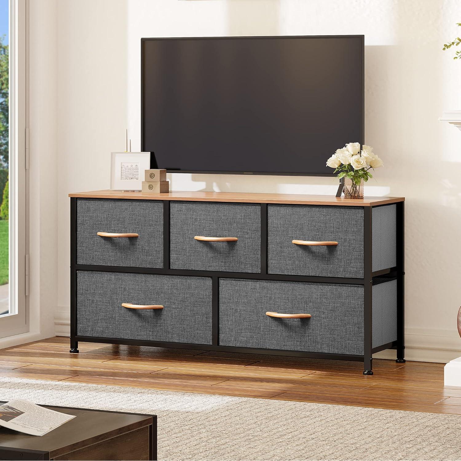Cool Gray Fabric and Metal Nursery Dresser with Wooden Top