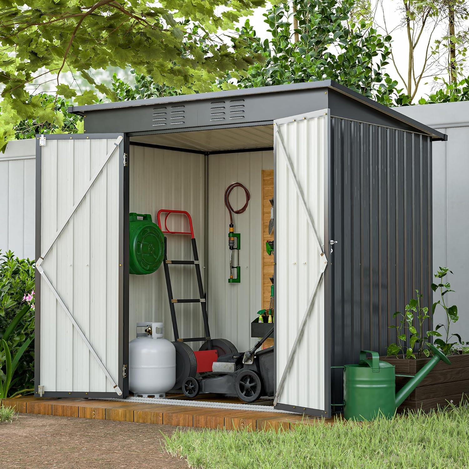 6x4 FT Backyard Garden Tools Storage Shed,Black Aluminium Frame Storage Shed,Metal Outdoor Storage Shed with Lockable Door and Floor Frame-Coolbibila