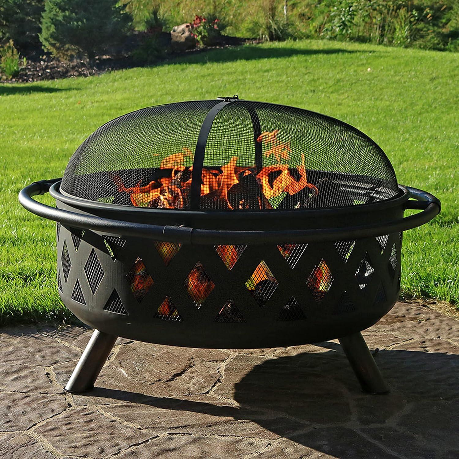 Sunnydaze Crossweave Heavy-Duty Steel Outdoor Fire Pit with Spark Screen, Poker, Grill, and Cover - Black