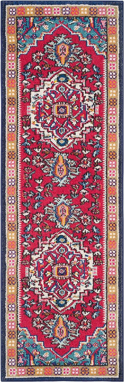 Boho-Chic Red & Turquoise Floral Synthetic Runner Rug - 2'2" x 6'