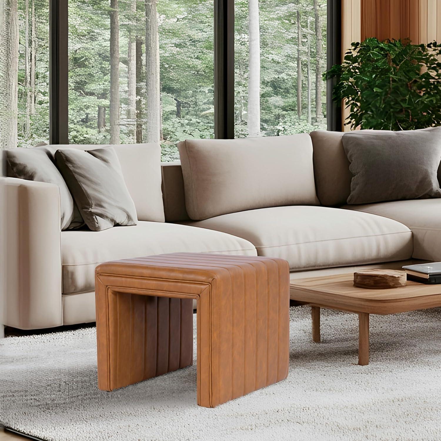 Modern Channel Ottoman Caramel Faux Leather - HomePop: Upholstered Rectangle, No Assembly Required