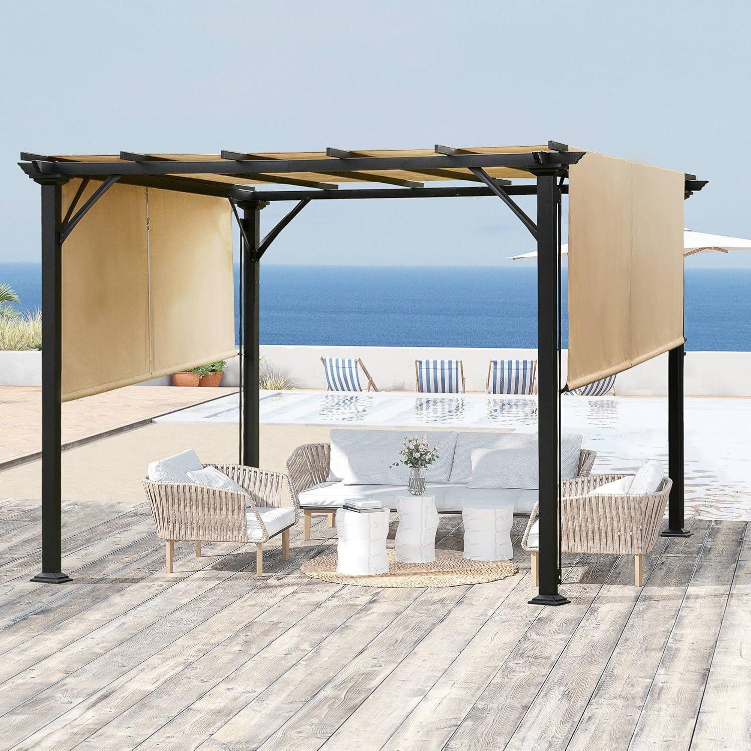 Beige 10' x 10' Outdoor Retractable Metal Pergola Canopy