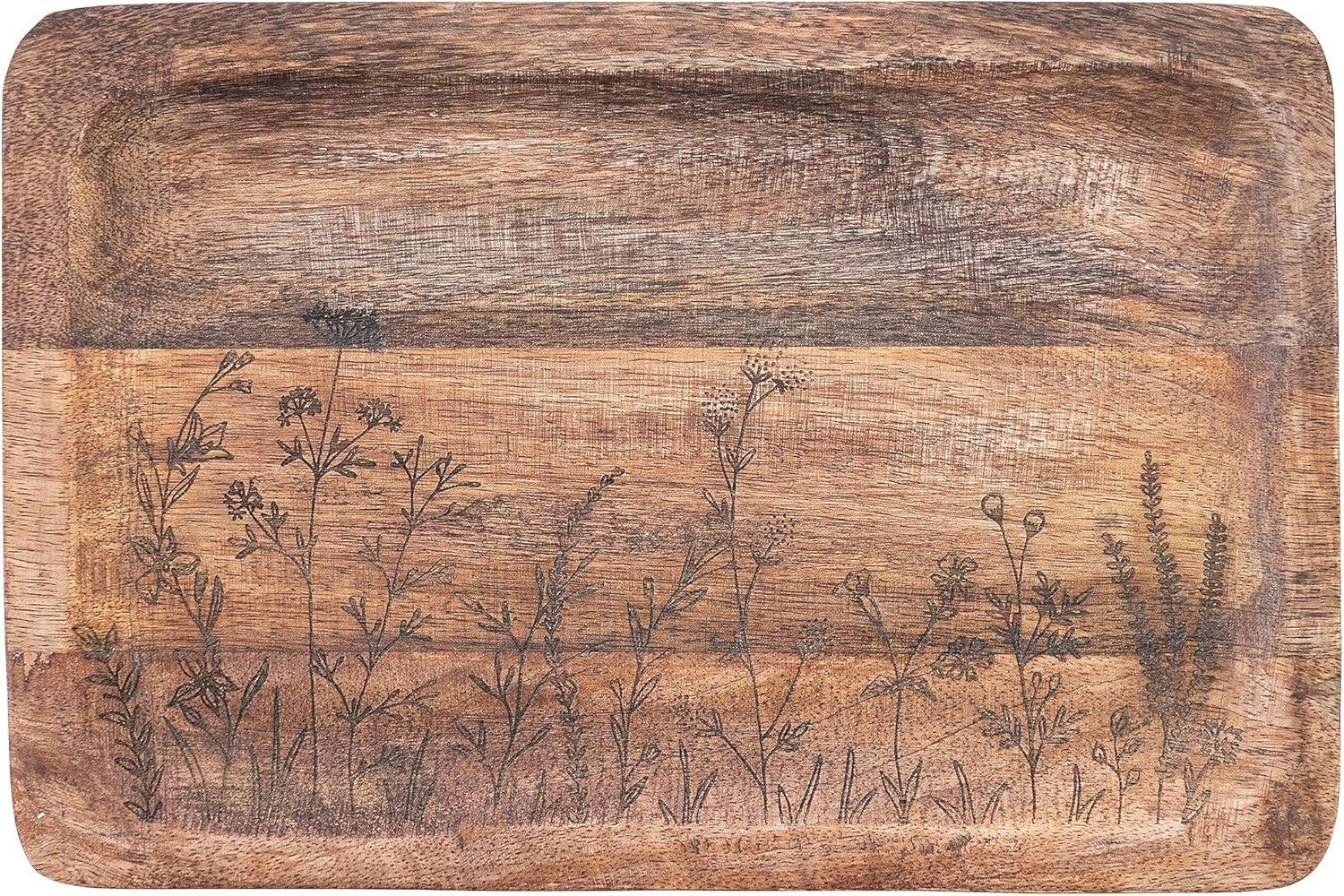 Creative Co-Op 11.75 Inches Mango Wood Laser Etched Botanicals, Natural Tray