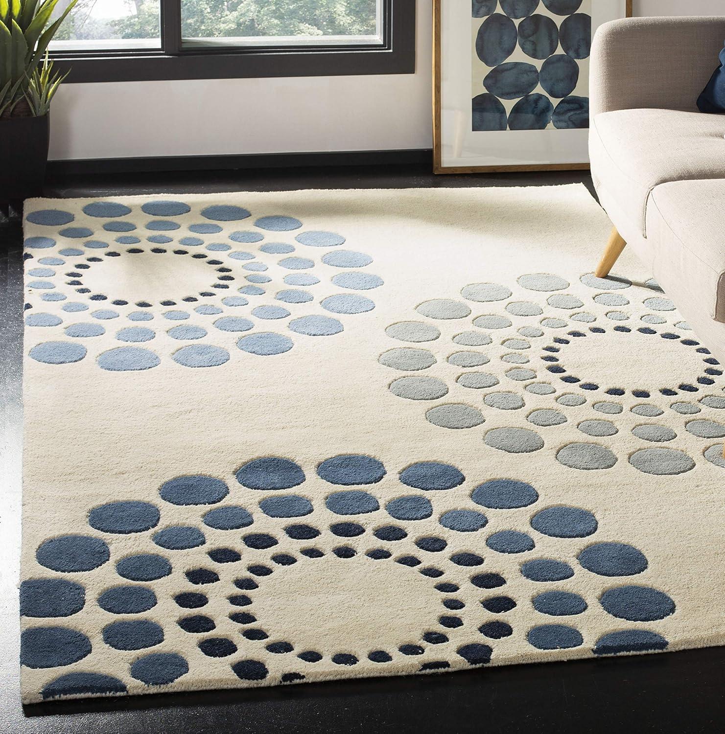 Ivory and Multicolor Tufted Wool and Viscose Round Rug, 5' x 8'