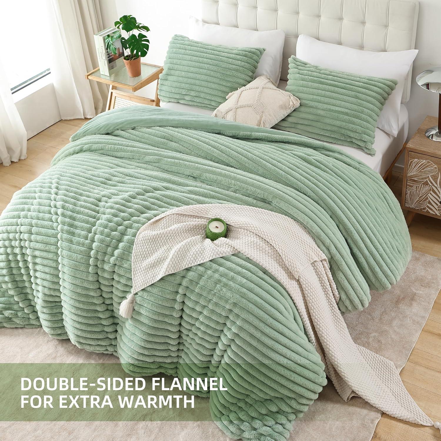 Smoofy Fluffy Twin Comforter Sets 2 Pieces - Sage Green Fleece Fluffy Comforter Set, Luxury Fuzzy Twin Bedding Set, Soft Twin Size Comforter All Season, Heavy Faux Fur Comforter with Pillow Cases