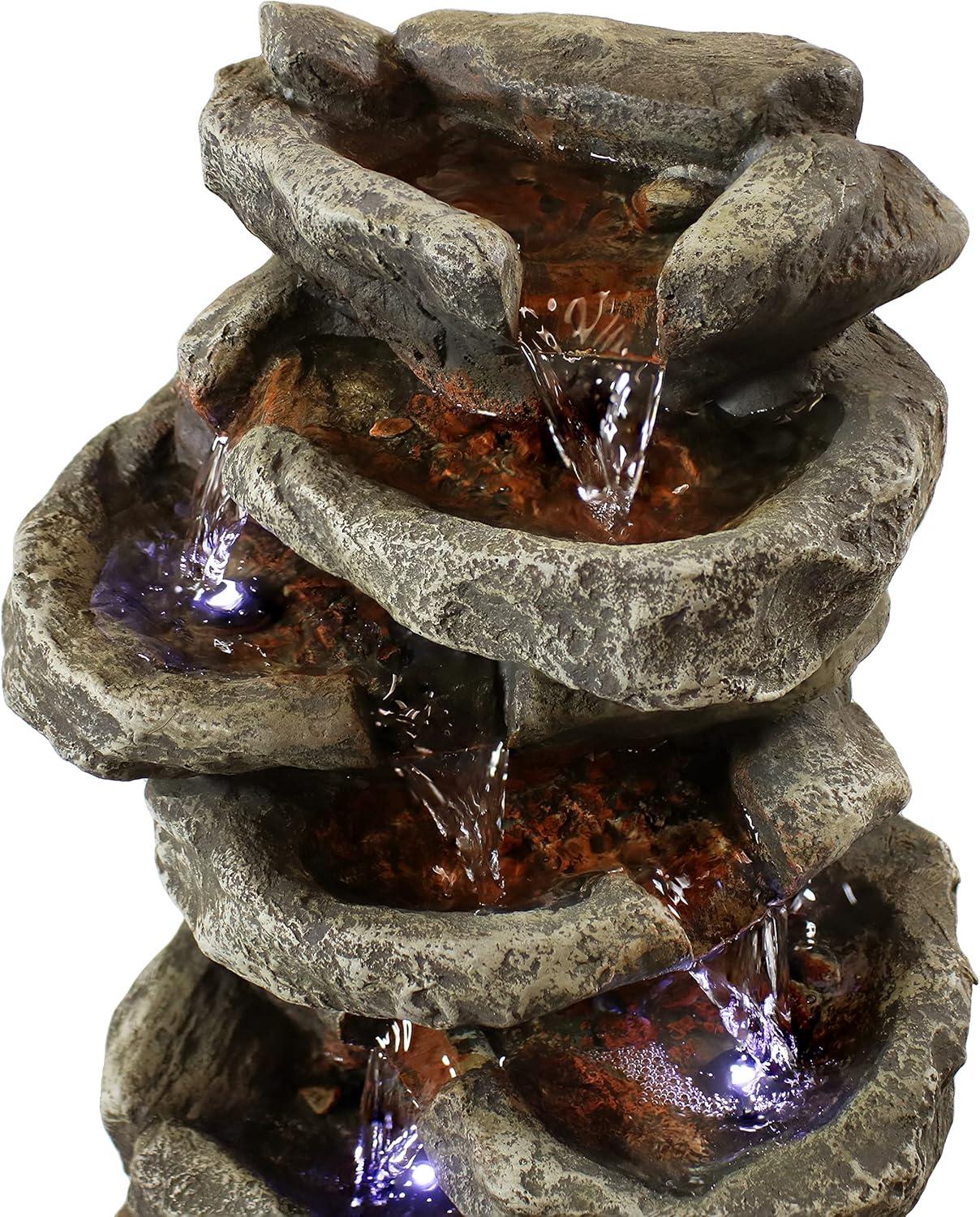 Sunnydaze Indoor Home Office Relaxing 6-Tiered Stone Falls Tabletop Water Fountain with LED Lights - 15"