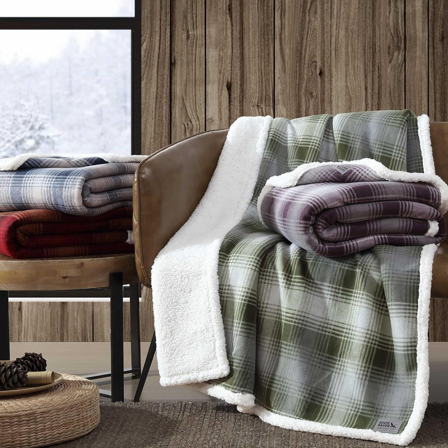Eddie Bauer - Throw Blanket, Brushed Fleece Bedding with Sherpa Reverse, Soft & Cozy Plaid Home Decor for Bed or Couch (Nordic Plaid Green, Throw)
