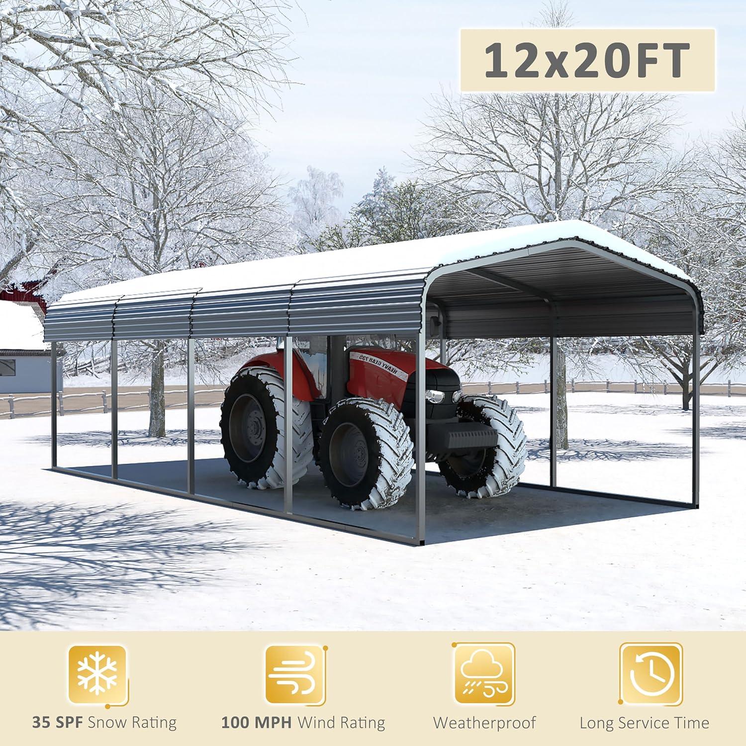 Tolead 12' x 20' Outdoor Metal Carport, Heavy Duty Galvanized Steel Car Canopy for Truck, SUV, Boat, Grey