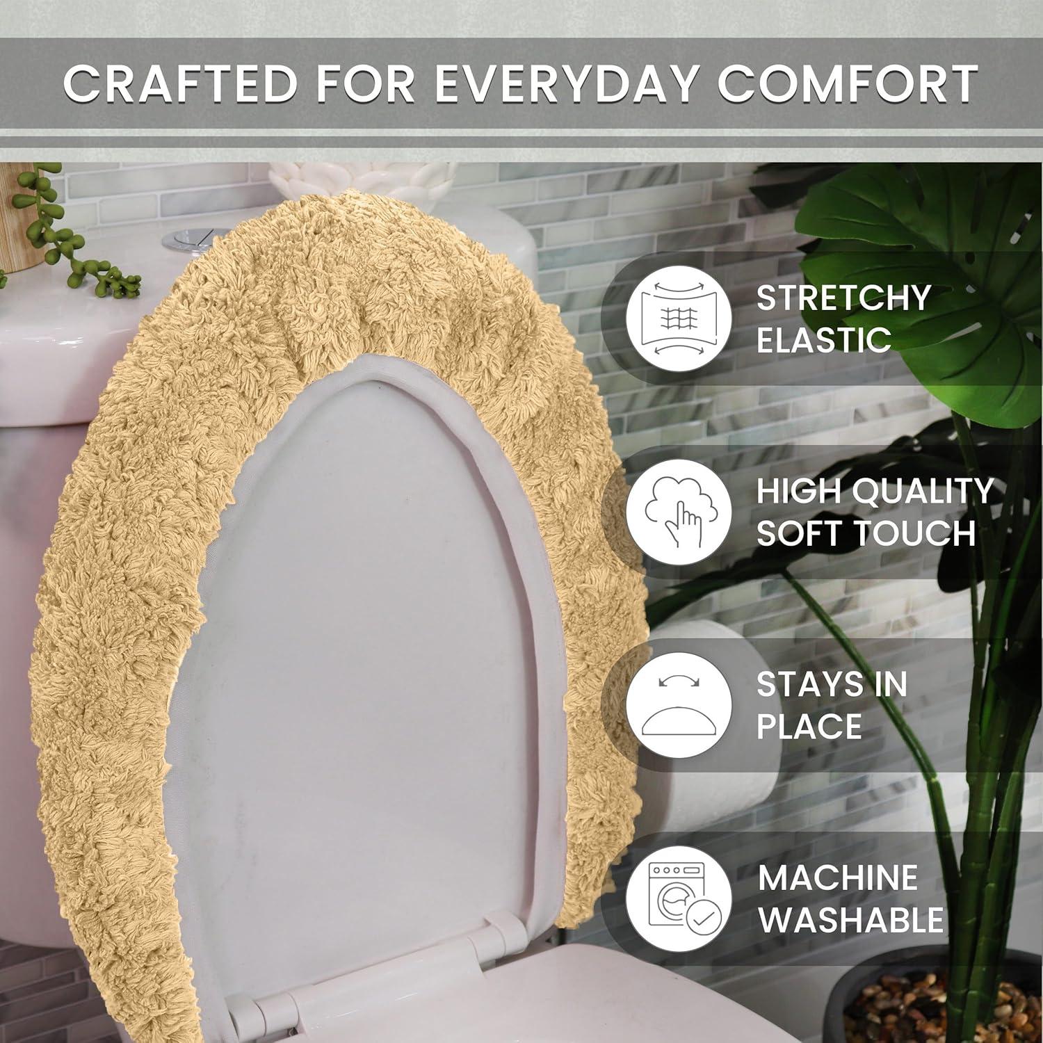Home Weavers Double Ruffle Collection Toilet Lid Seat Cover, Elastic Edges, 100% Cotton Soft Non Slip Universal Fit for Standard Round Bath Room Bowl Lids, Washable, 18"x18" Toilet Lid Cover, Linen