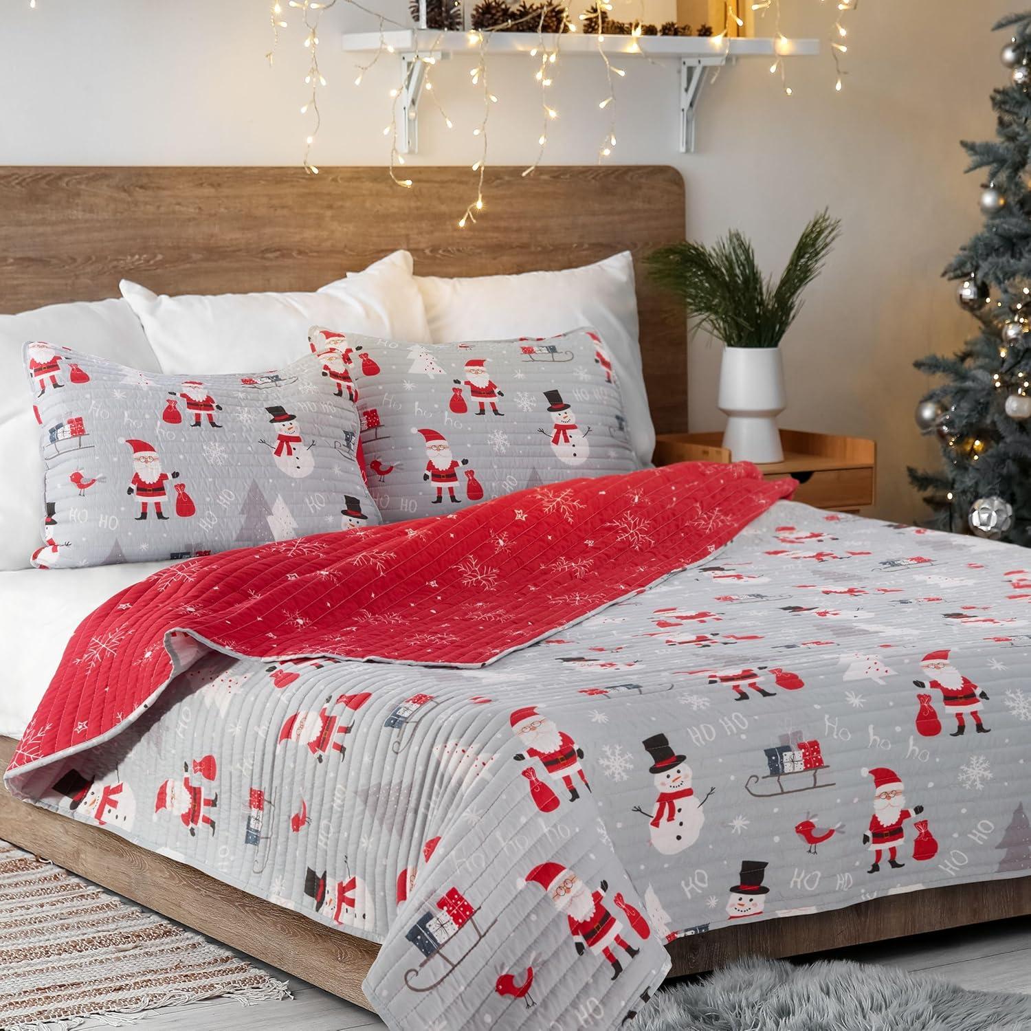 King Gray Reversible Microfiber Christmas Quilt Set