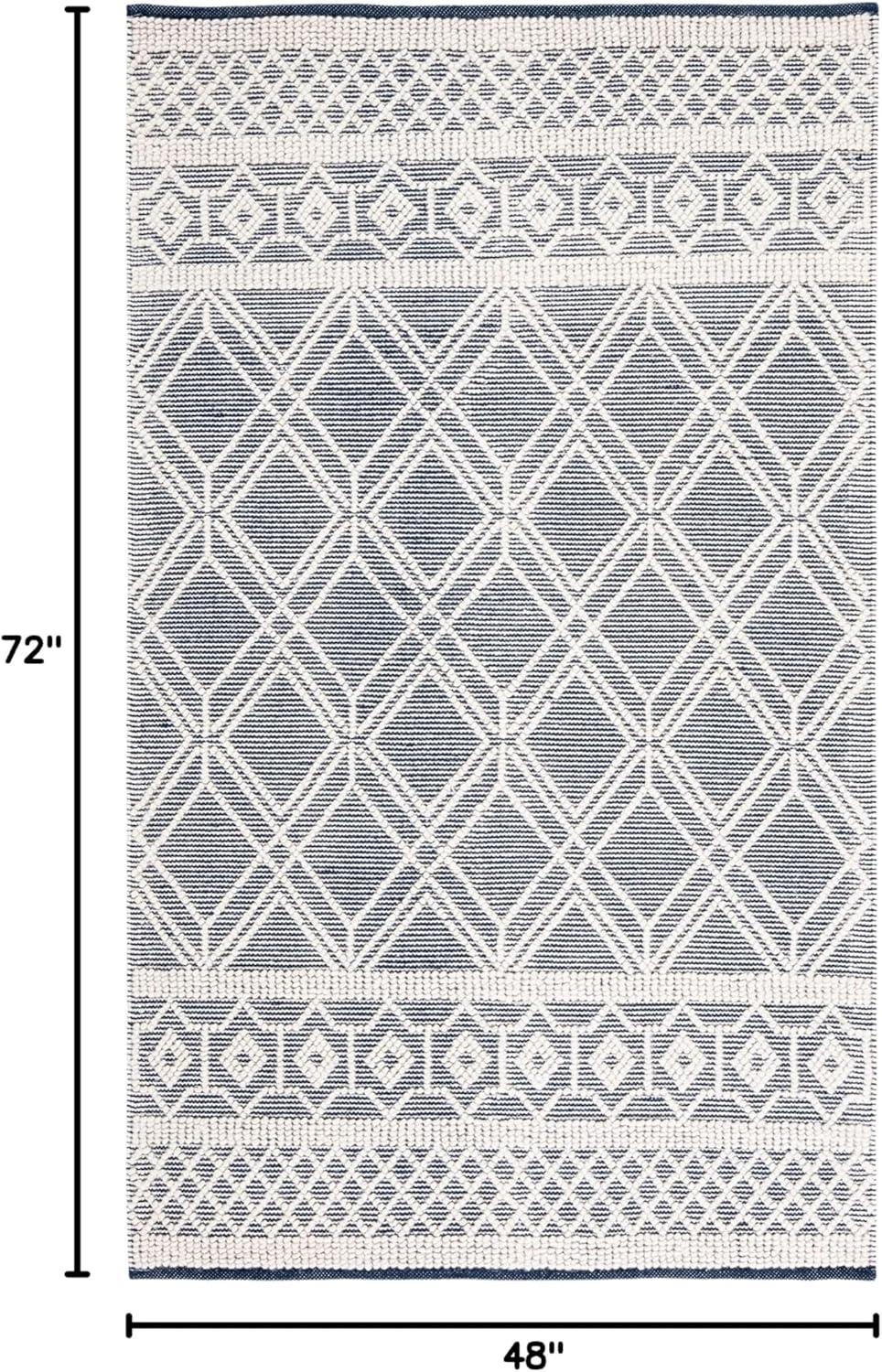 Ivory and Navy Handwoven Wool Geometric Area Rug, 4' x 6'