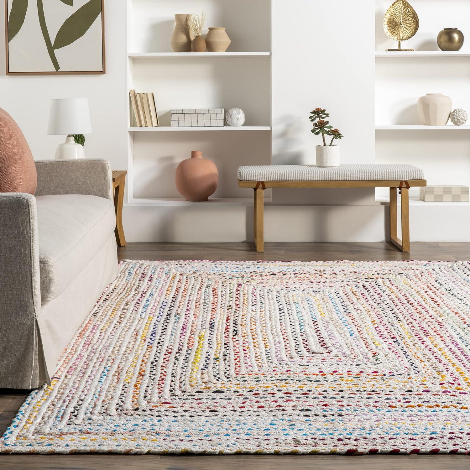 Handmade Ivory Stripe Cotton Braided Oval Rug, 5x8