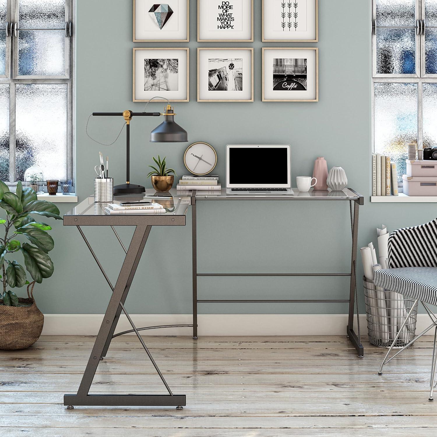 Modern Gray Glass L-Shaped Home Office Computer Desk