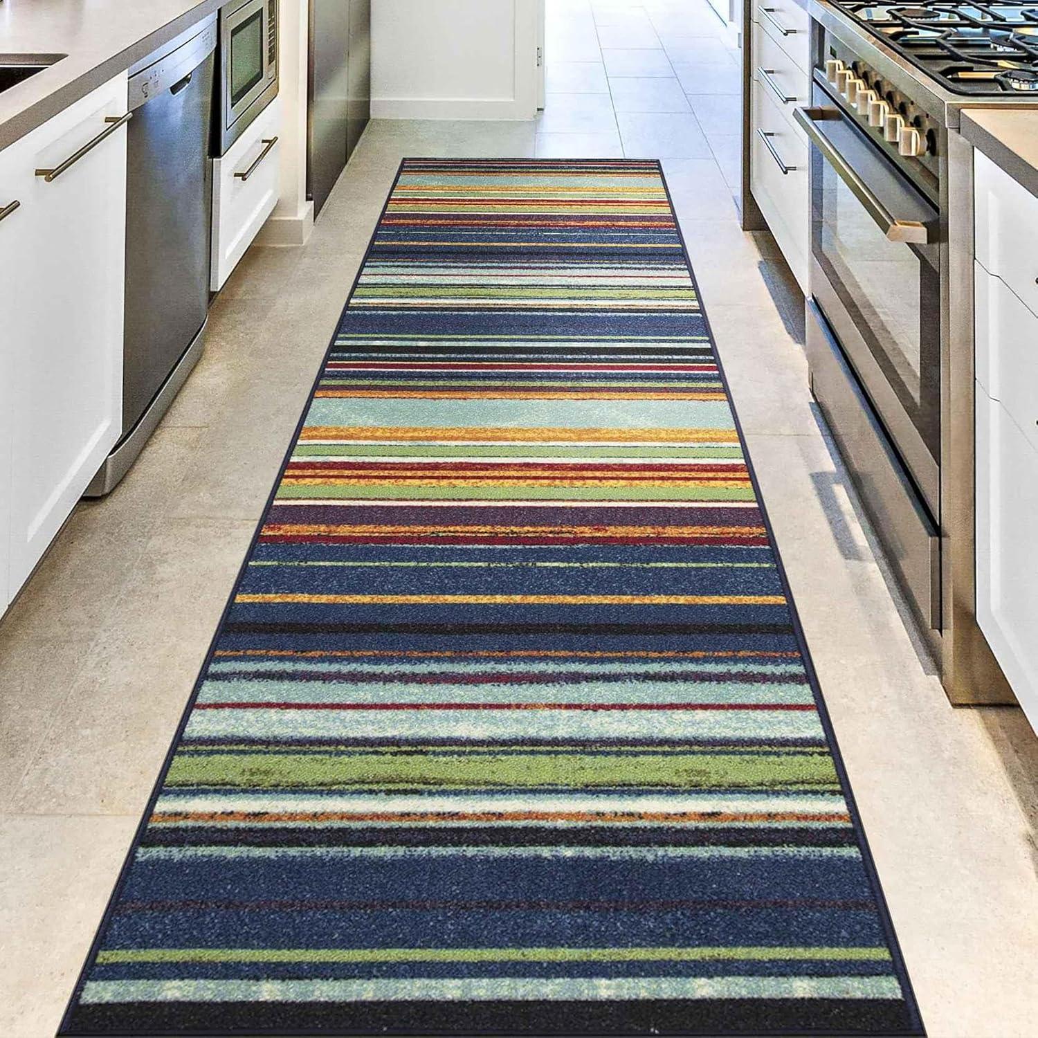 Multicolor Striped Non-Slip Synthetic Runner Rug, 2'7" x 9'10"