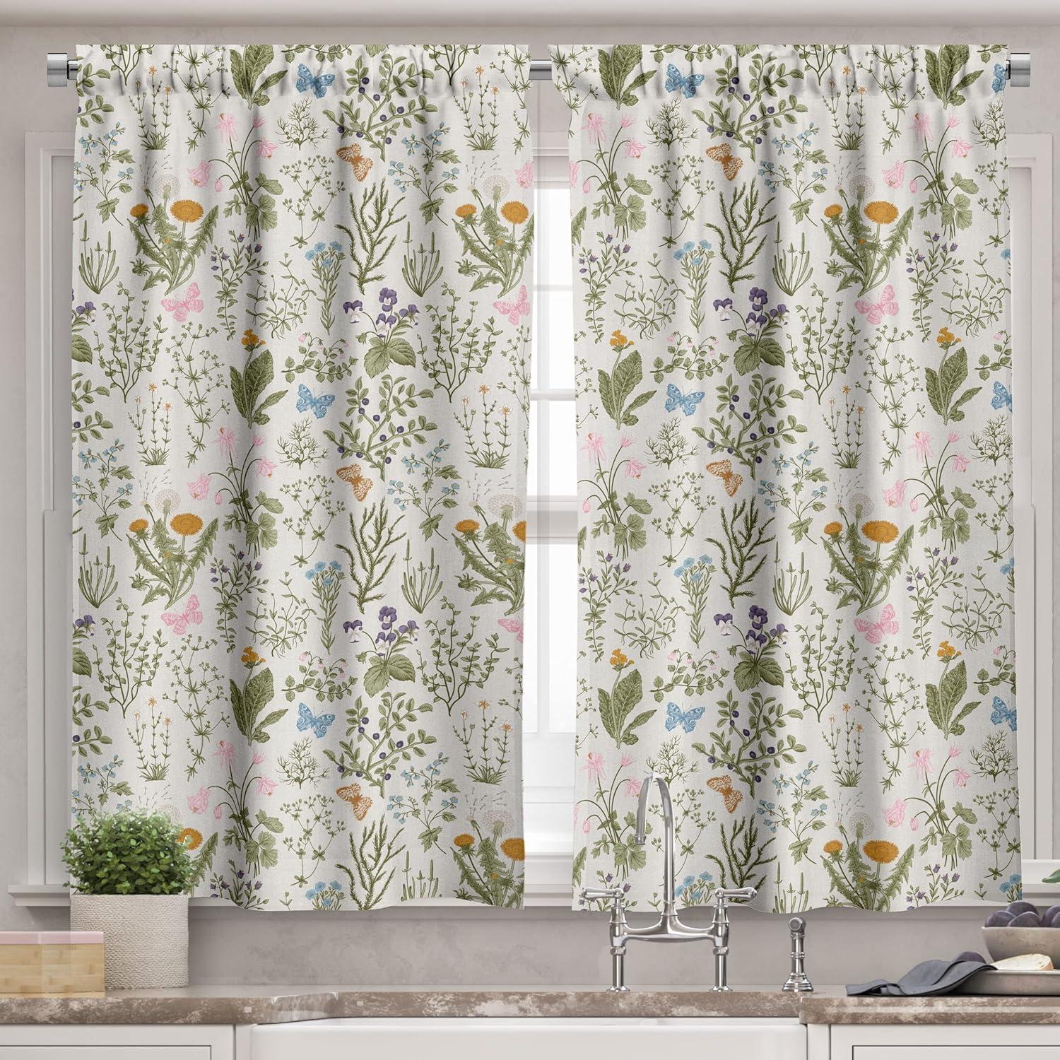 Ambesonne Floral Valance & Curtain, Vintage Garden Plants, 55"x36", Reseda Green Beige