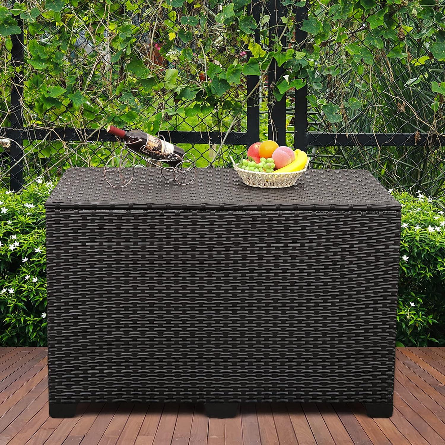 Large Black Wicker Resin Deck Storage Box with Lid