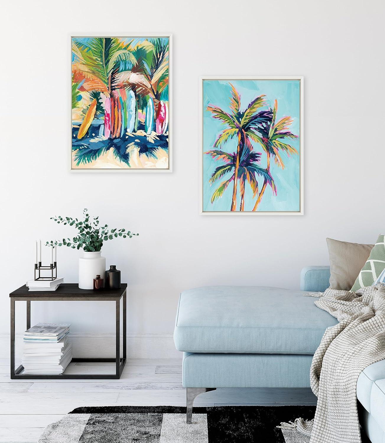 Tropical Palm Trees and Surfboards Framed Canvas Art Set