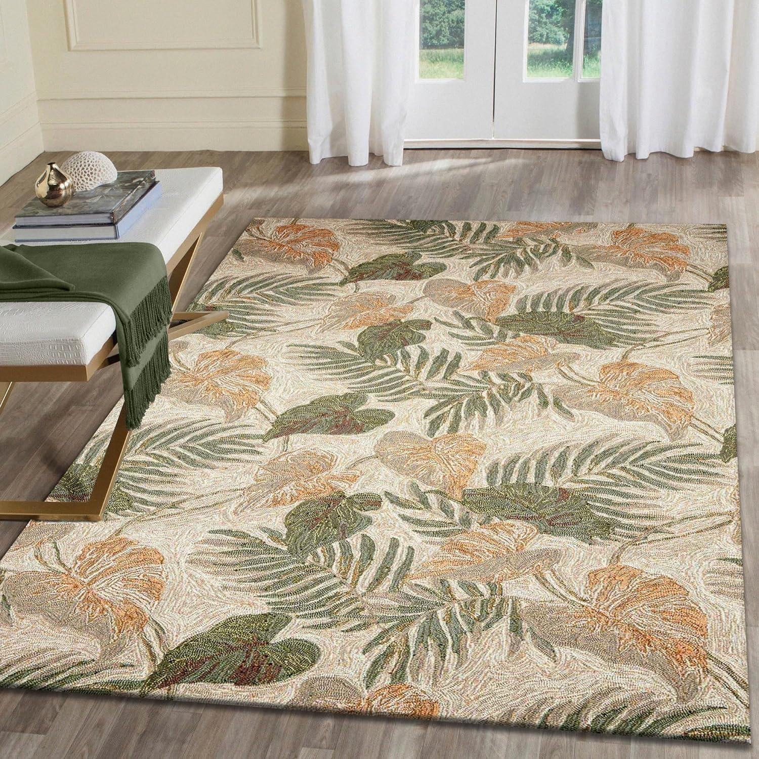 Tropical Leaf Beige and Green Hand-Tufted Indoor/Outdoor Rug