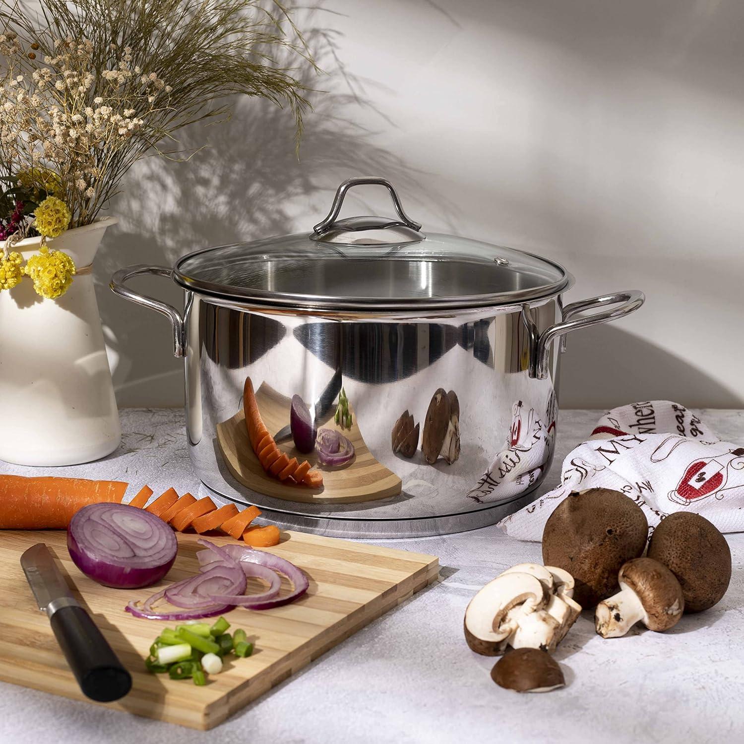 Serenk Serenk Modernist Stainless Steel 7-8-9 Inch Stock Pot, Large Cooking Pot with Lid for Soup, Stews, and Stock, Shiny, Professional Kitchen Essential (9.45in) (Set of 2)