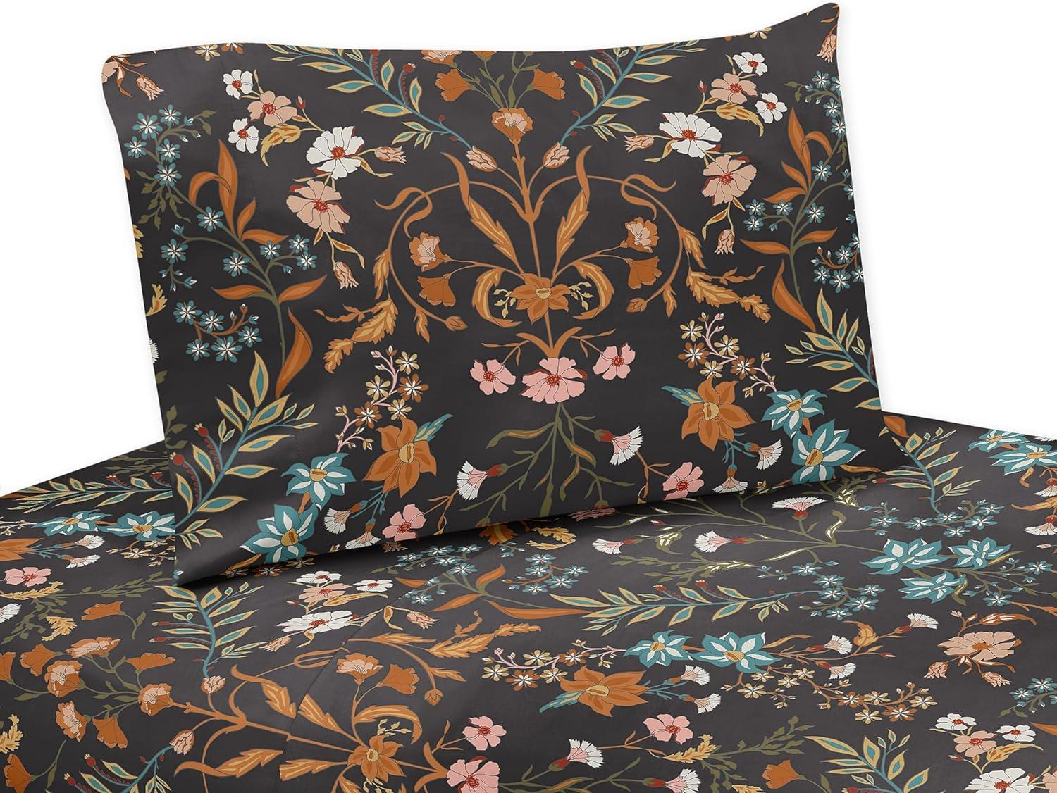 Boho Floral Wildflower Black and Orange Queen Microfiber Sheet Set