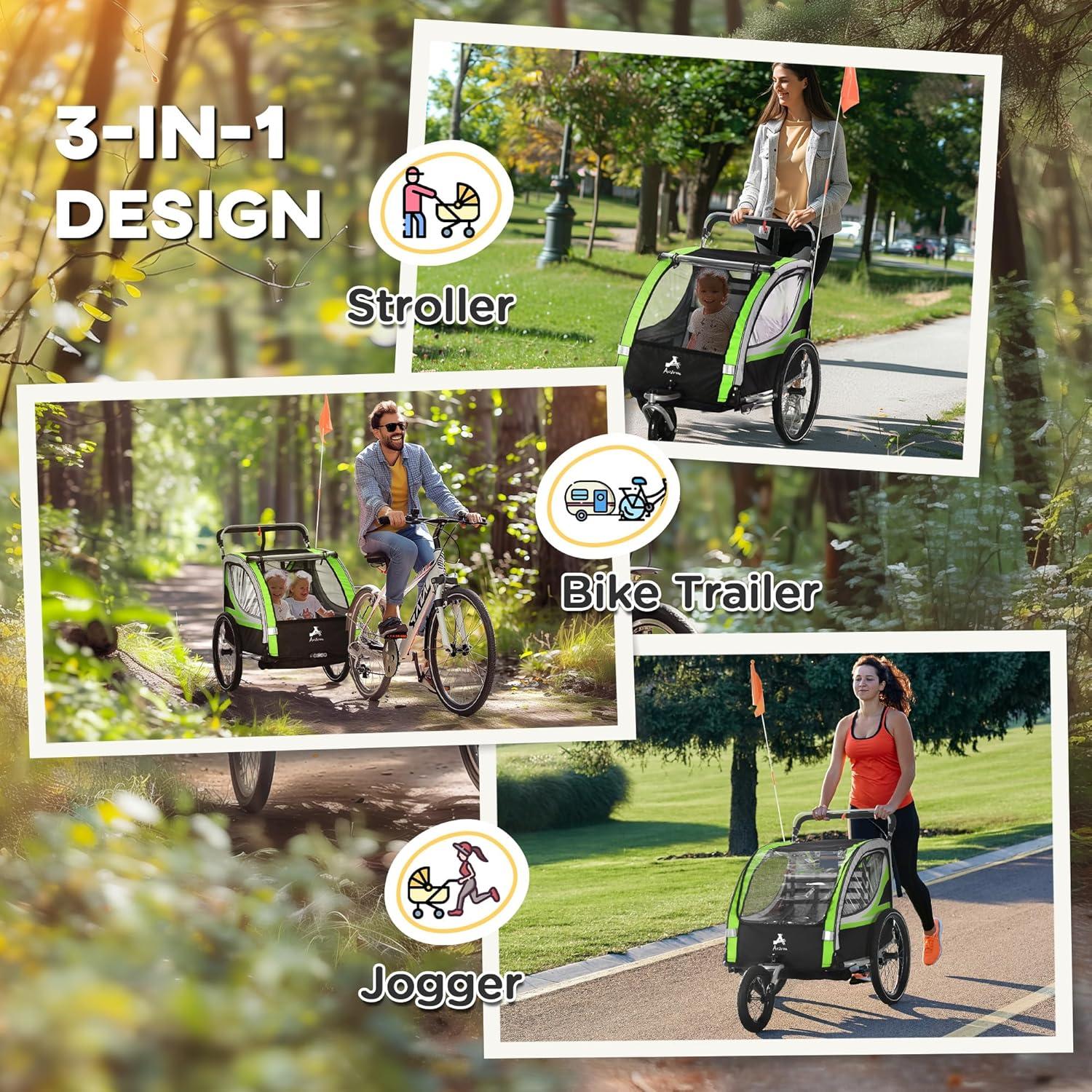 Aosom 2-in-1 Walk/Ride Child Baby Bike Trailer for Kids 2 Seater, High-Visibility Bike Stroller for Toddler Wagon, Weather-Strong Double Bicycle Trailer Accessory for Kids