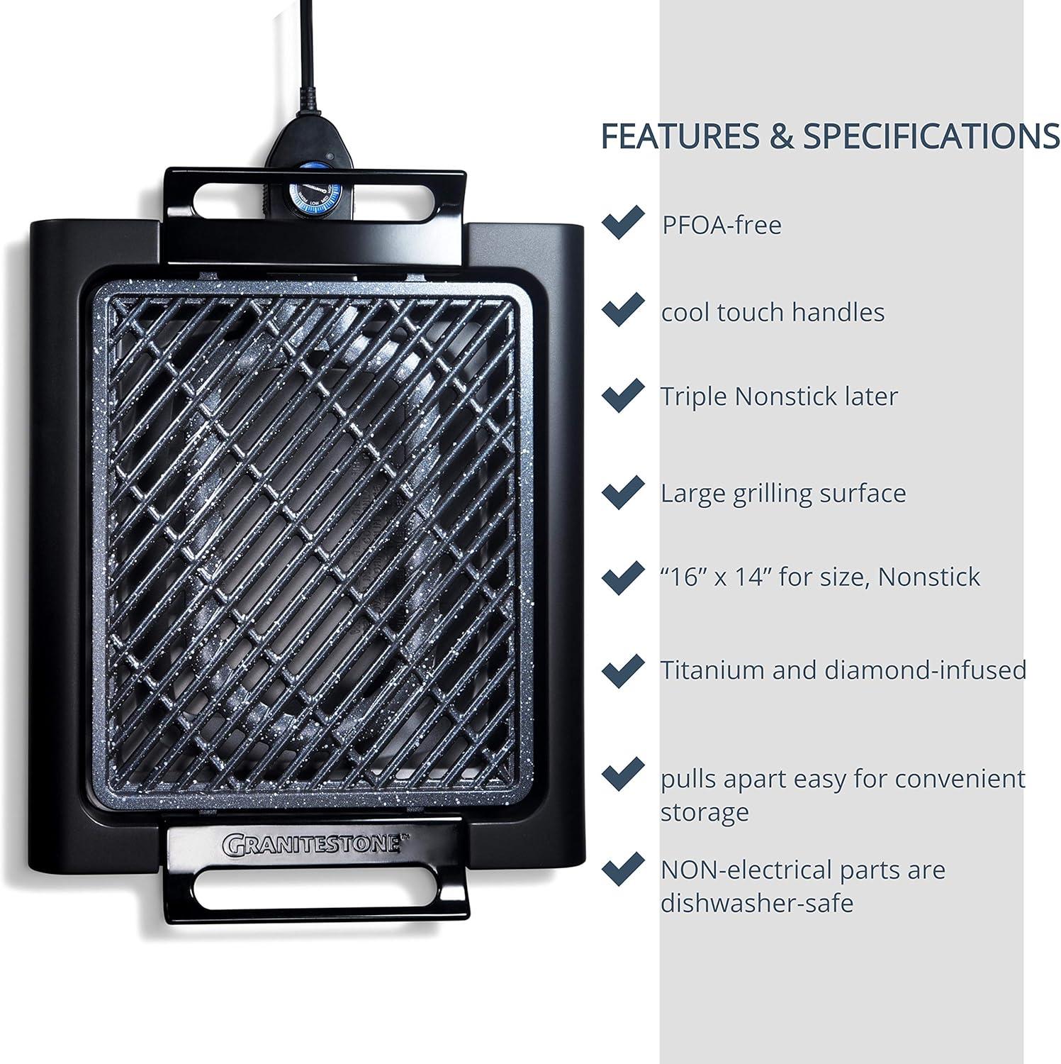 Granite Stone Indoor Nonstick Electric Smoke-Less Grill with Cool-Touch Handles and Adjustable Temperature Dial – Black, 16" x 14”
