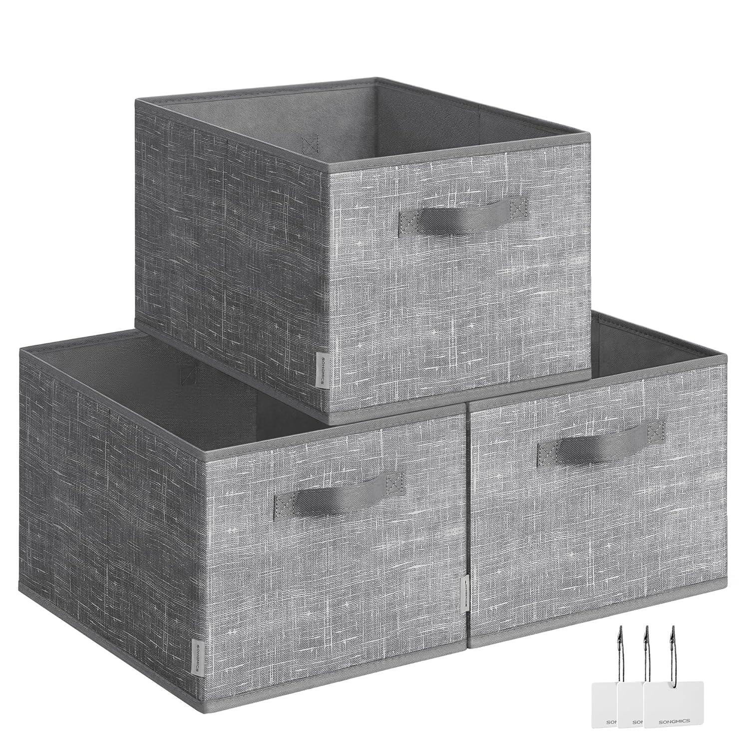 SONGMICS Storage Baskets, Set of 3 Fabric Storage Bins, 15.7 x 11.8 x 9.5 Inches, Foldable Closet Organizer for Shelves, 2 Handles, Label Holders, for Bedroom, Living Room, Cattail Gray UROB440G01