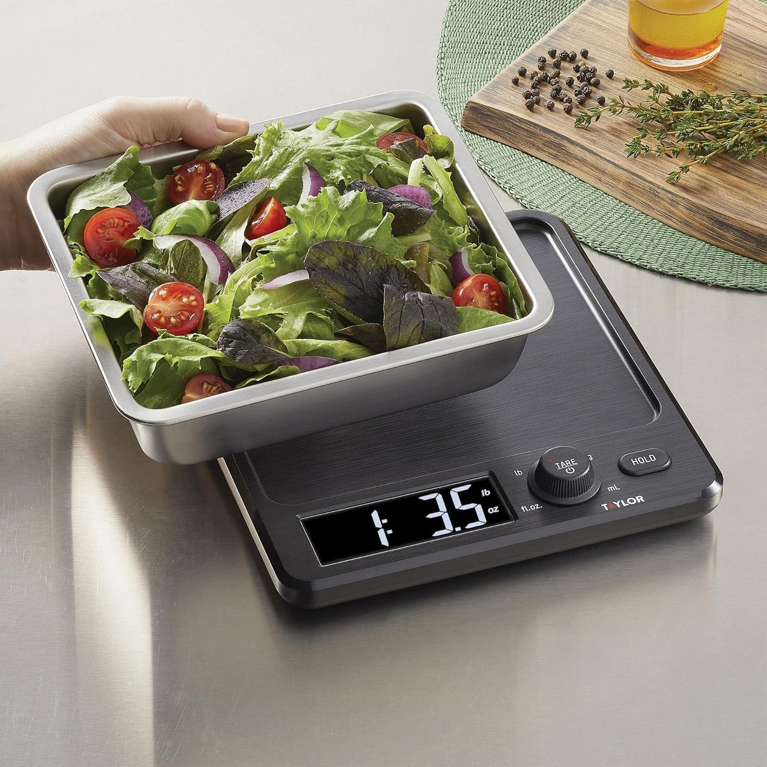 Taylor 22lb Stainless Steel Digital Kitchen Food Scale with Container Black/Gray: Oversized Display, 22lb Capacity